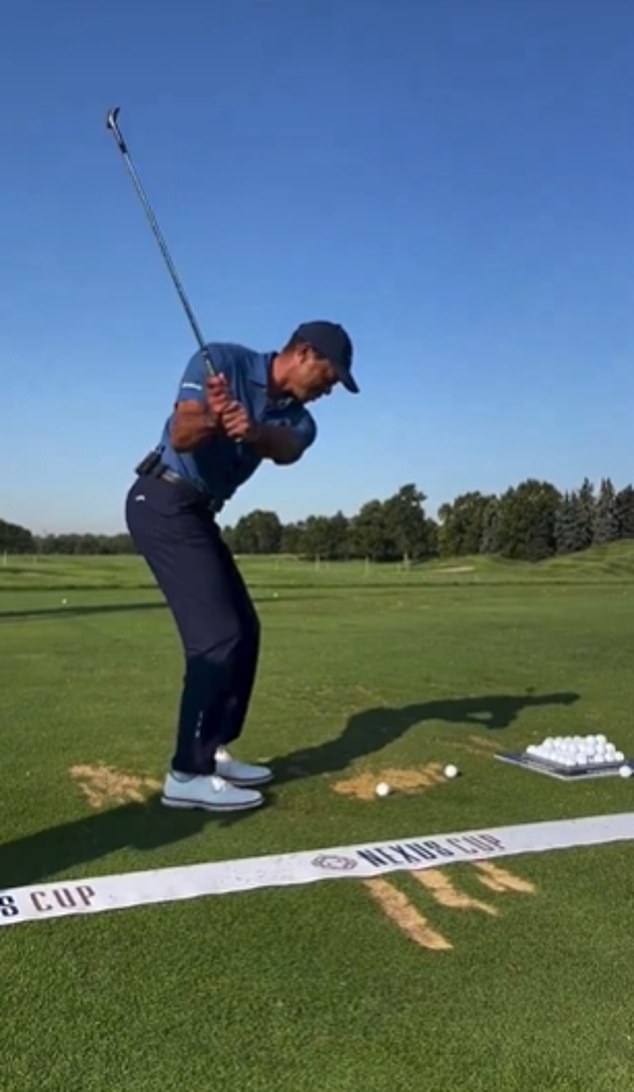 Tiger Woods is back on the links for the first time since his surgery in March on his Achilles