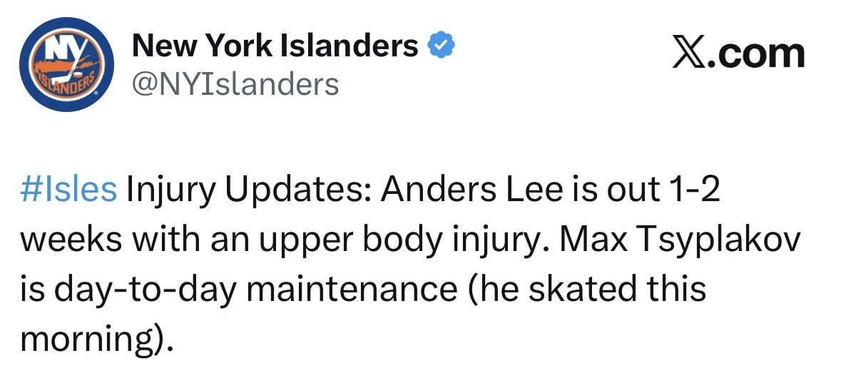 Anders Lee out 1-2 weeks