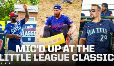 MIC'D UP: Brandon Nimmo, Cal Raleigh and Randy Arozarena at the Little League Classic 🎤