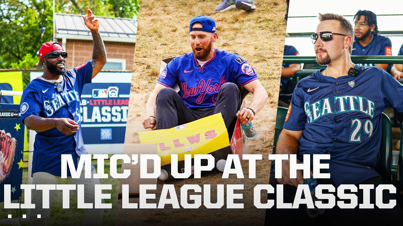 MIC'D UP: Brandon Nimmo, Cal Raleigh and Randy Arozarena at the Little League Classic 🎤