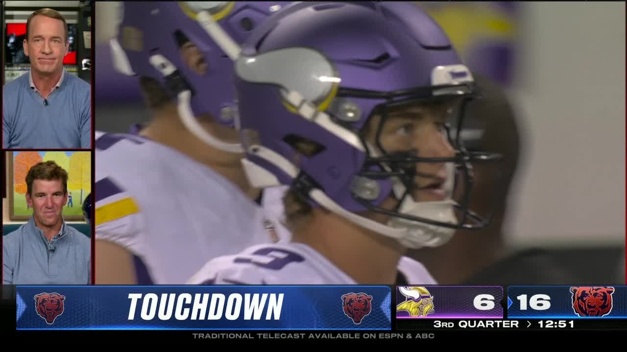 Eli Manning and Peyton Manning react to J.J. McCarthy throwing a pick-six vs. Bears | ManningCast