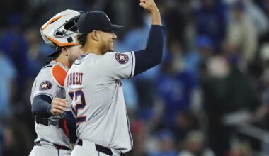 Astros Manager Joe Espada on the 112 mph liner that struck closer Bryan Abreu: “It got him on the butt. There’s plenty of butt in there.”