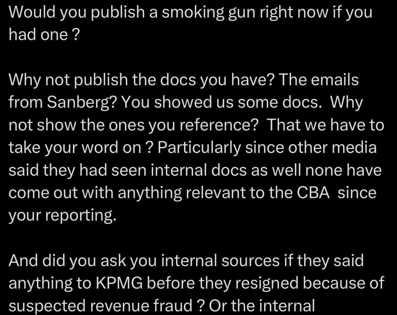 Mark Cuban to Pablo Torre: “Would you publish a smoking gun right now if you had one? Why not publish the docs you have? … If the ballmer 50/12 was directed to KL, as your sources said, why was he only paid 3.5m and then not paid again till after the next raise in Dec 22 ? And never got his last 7.”