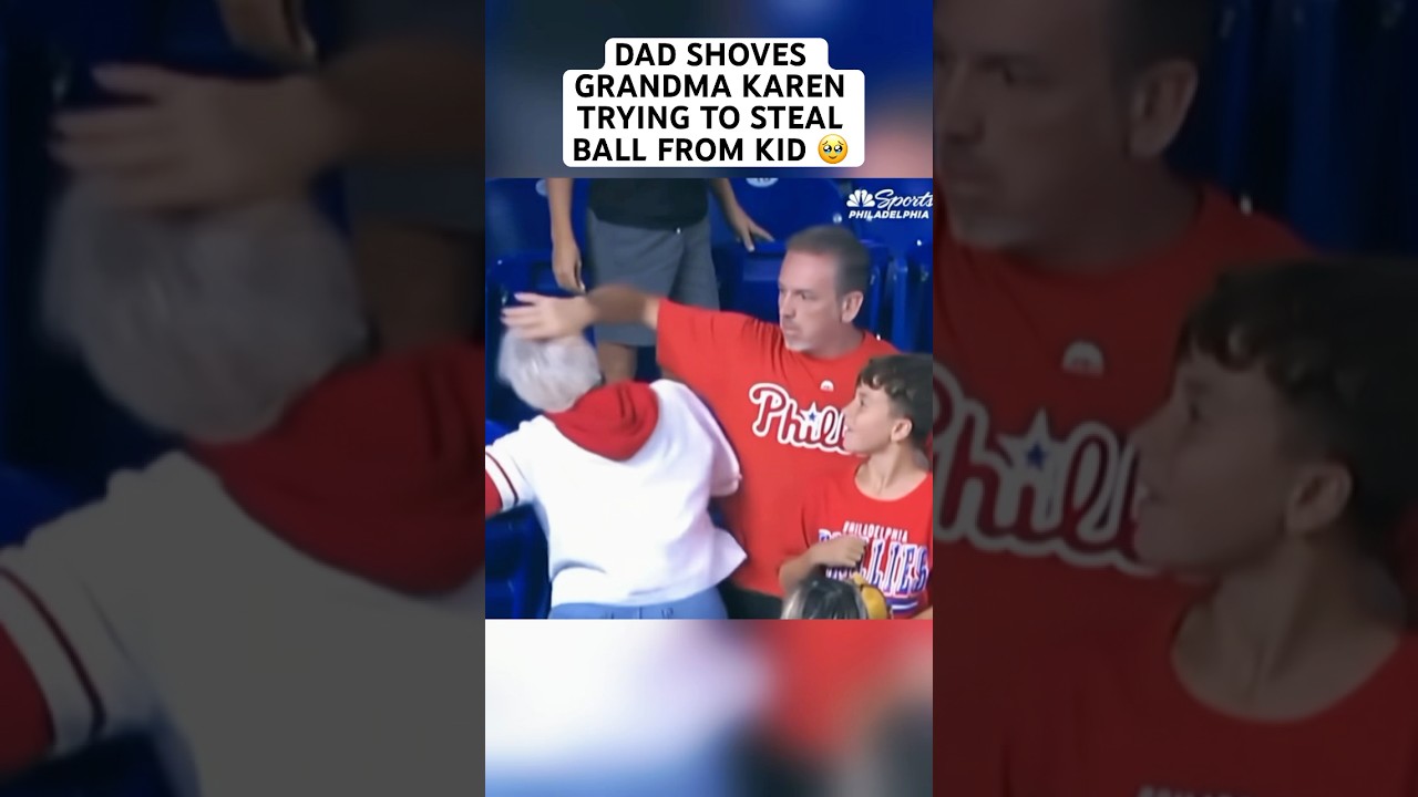 Dad SHOVES Karen trying to steal baseball from kid in Phillies vs Marlins game 🥹