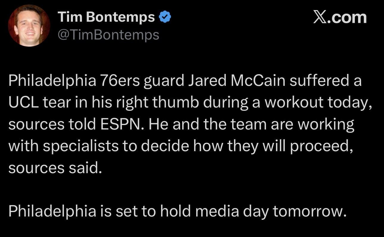 [Bontemps] Philadelphia 76ers guard Jared McCain suffered a UCL tear in his right thumb during a workout today, sources told ESPN. He and the team are working with specialists to decide how they will proceed, sources said.