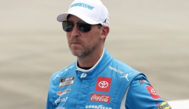 DEWALT Toyota driver Christopher Bell (20) celebrates winning the NASCAR Cup Series EchoPark Automotive Grand Prix at Circuit of the Americas on Sunday, March 2, 2025 in Austin.
