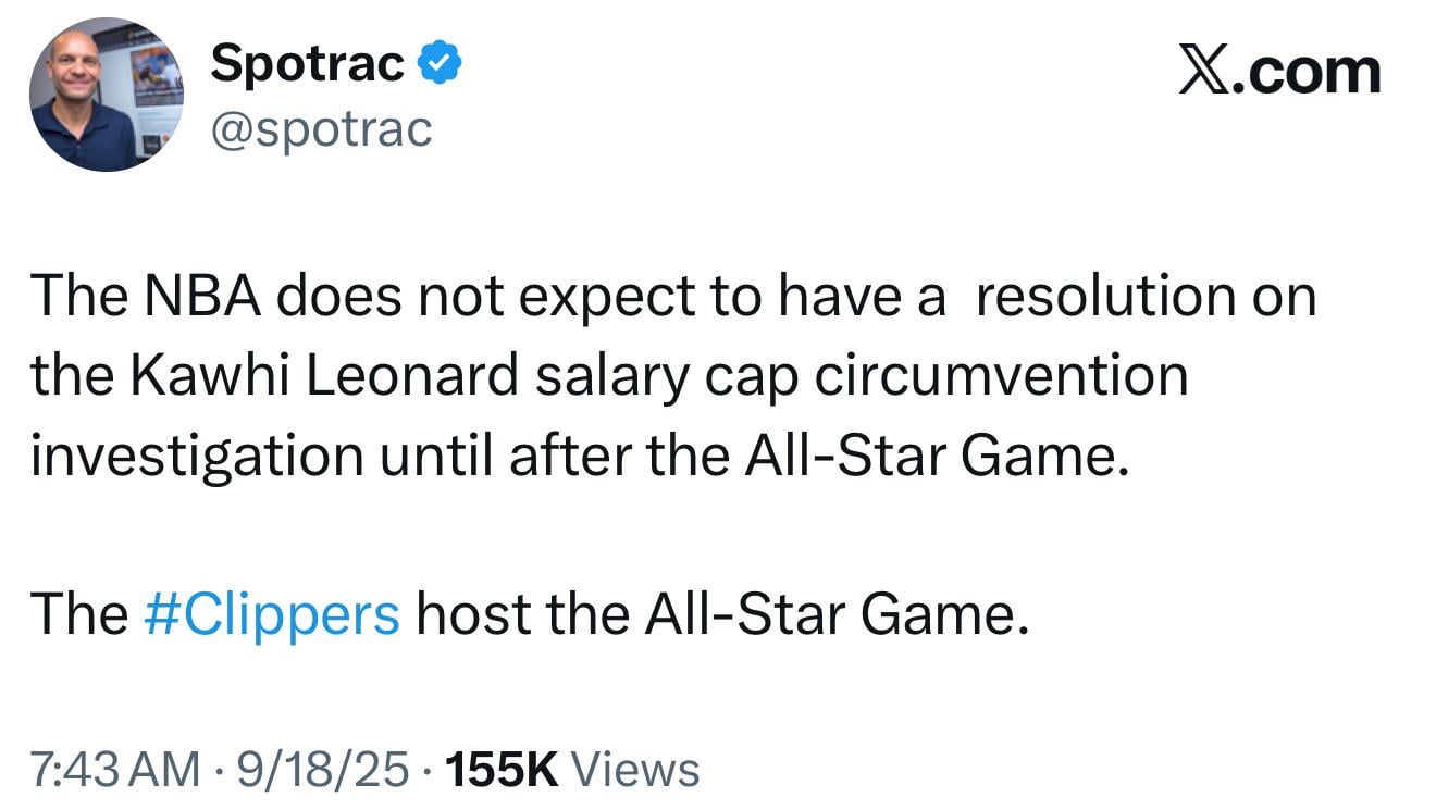 [Spotrac] The NBA does not expect to have a  resolution on the Kawhi Leonard salary cap circumvention investigation until after the All-Star Game.