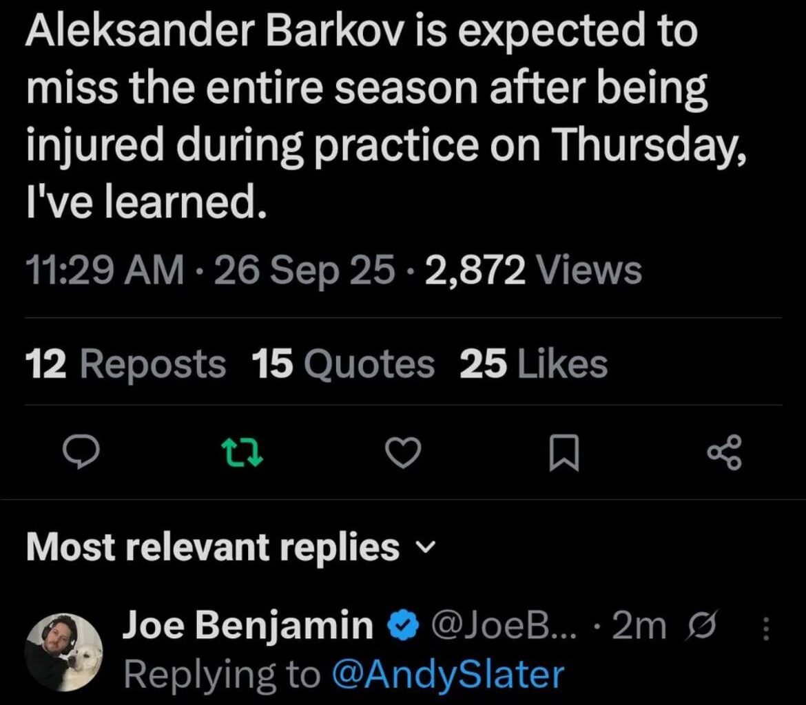 Brutal news for Barkov and the Panthers. With him and Tkachuk out, that unprotected first rounder we own becomes more attractive