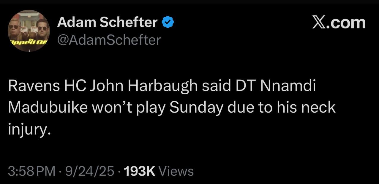 [Schefter] Ravens HC John Harbaugh said DT Nnamdi Madubuike won’t play Sunday due to his neck injury.