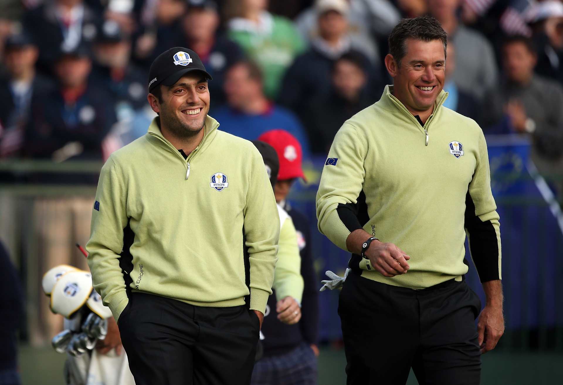 MEDINAH, IL - SEPTEMBER 28:  Lee Westwood and Francesco Molinari of Europe on the first hole during the Morning Foursome Matches for The 39th Ryder Cup at Medinah Country Club on September 28, 2012 in Medinah, Illinois.  (Photo by Andrew Redington/Getty Images)