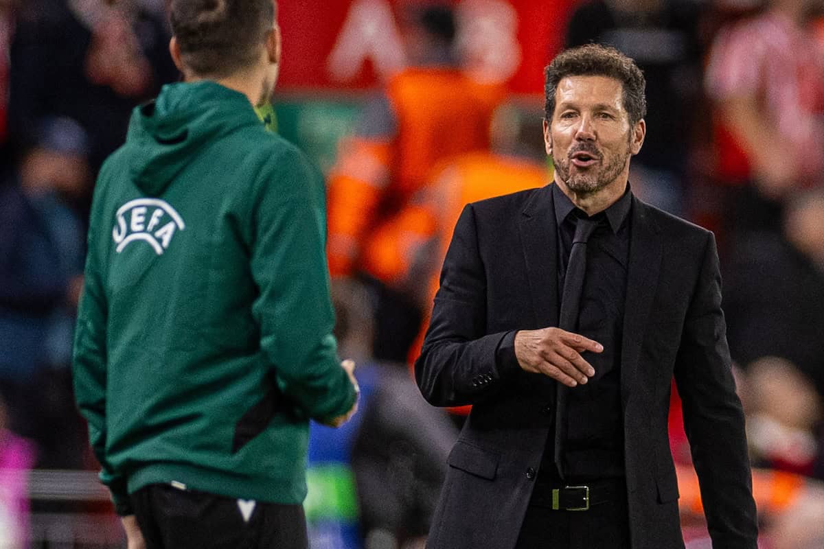 LIVERPOOL, ENGLAND - Wednesday, September 17, 2025: Atletico Madrid's head coach Diego Simeone speaks with the fourth official during the UEFA Champions League match between Liverpool FC and Atletico Madrid FC at Anfield. Liverpool won 3-2. (Photo by David Rawcliffe/Propaganda)
