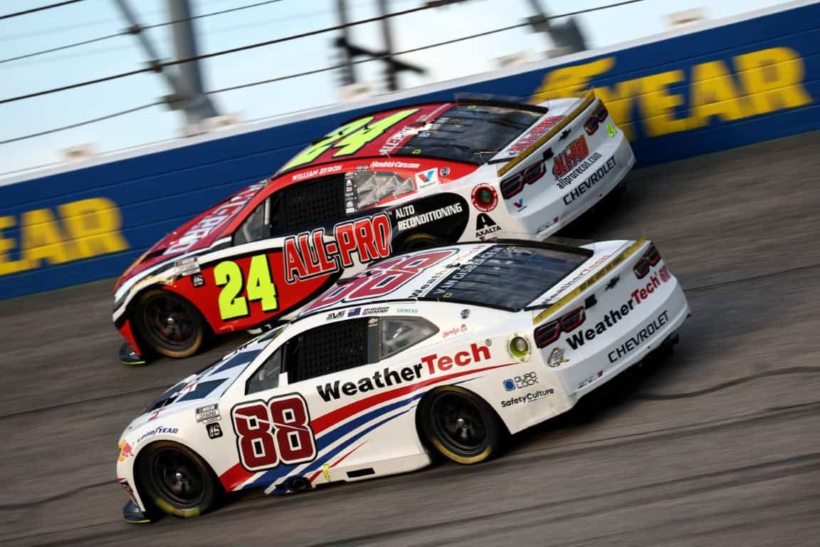Shane van Gisbergen, driver of the #88 WeatherTech Chevrolet, and William Byron, driver of the #24 All-Pro Auto Reconditioning Chevrolet, race during the NASCAR Cup Series Cook Out Southern 500 at Darlington Raceway on August 31, 2025 in Darlington, South Carolina. (Photo by Jared C. Tilton/Getty Images)