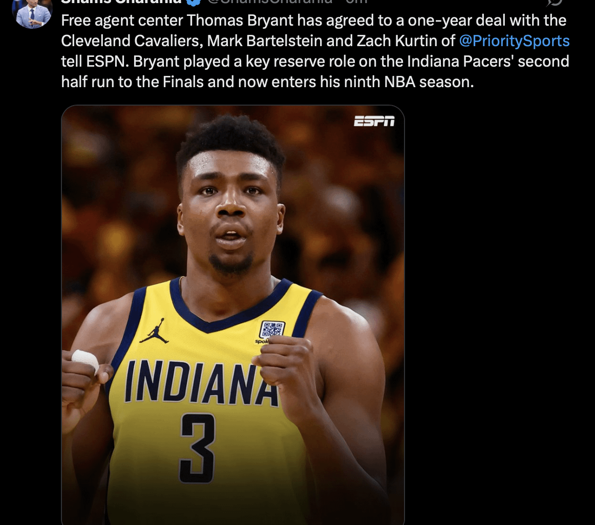 [SHAMS] Thomas Bryant is signing with the Cavs