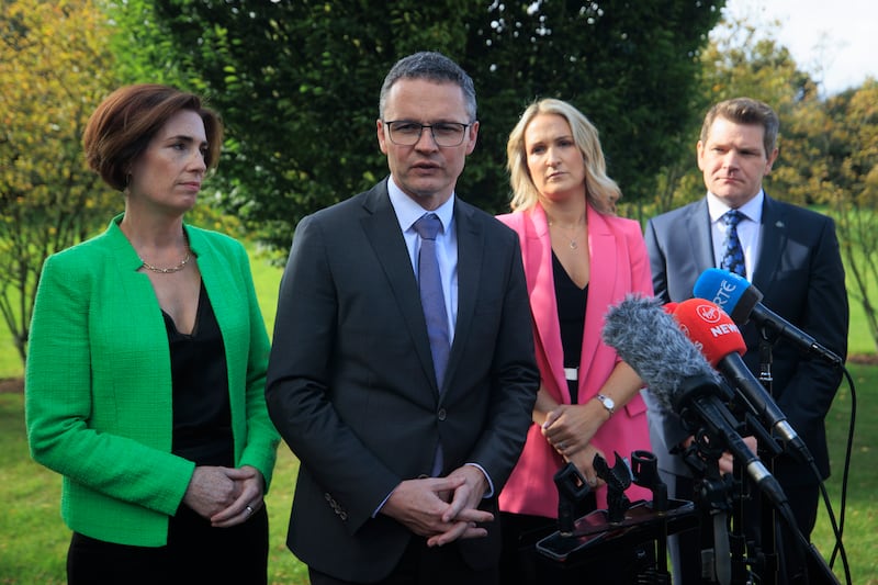Minister Patrick O'Donovan (second from left), speaking alongside Fine Gael Ministers Hildegarde Naughton (left), Helen McEntee and Peter Burke at the Fine Gael Parliamentary Party think-in at Mullingar Park Hotel in Co Westmeath. Photo: Liam McBurney/PA Wire