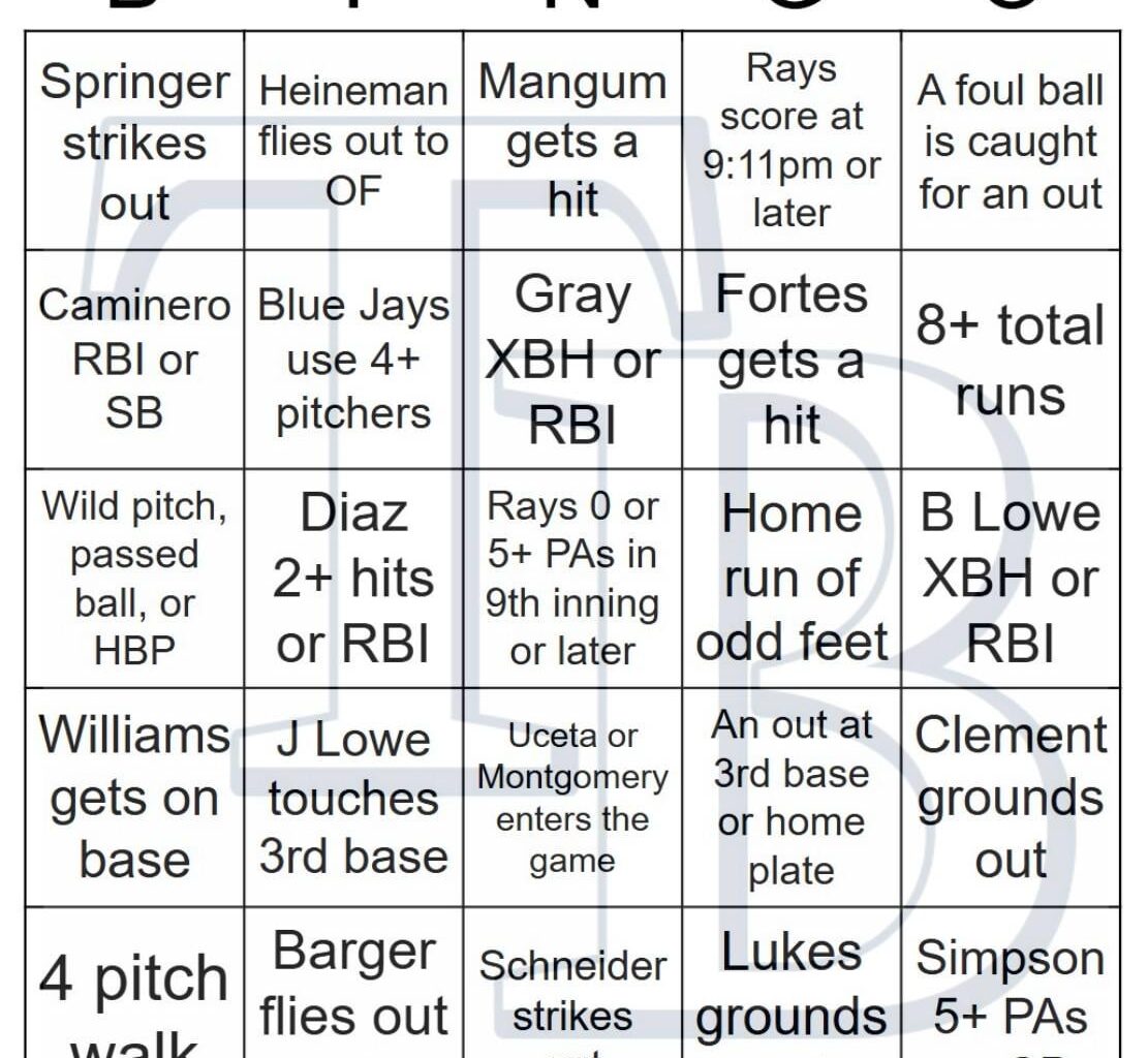 Rays vs Blue Jays Bingo, 9/15/2025