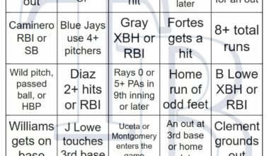 Rays vs Blue Jays Bingo, 9/15/2025