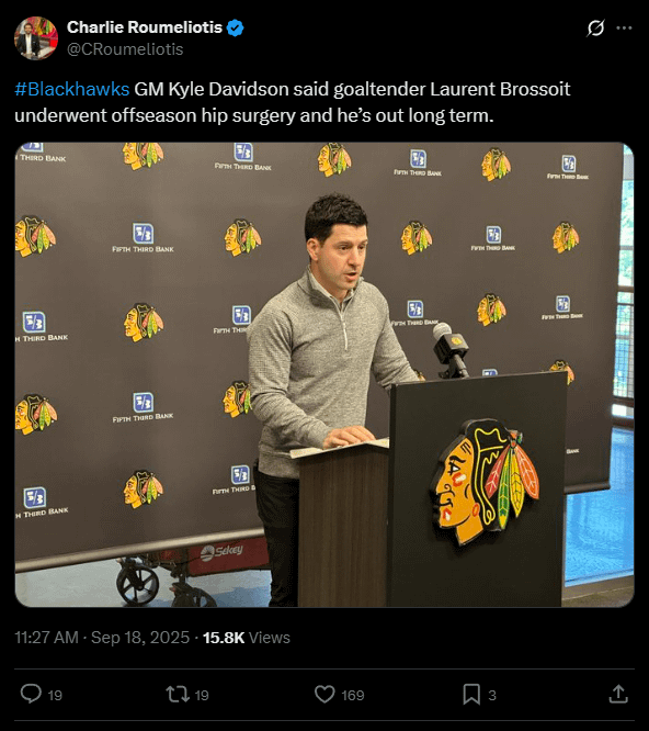 [Roumeliotis] GM Kyle Davidson said goaltender Laurent Brossoit underwent offseason hip surgery and he's out long term