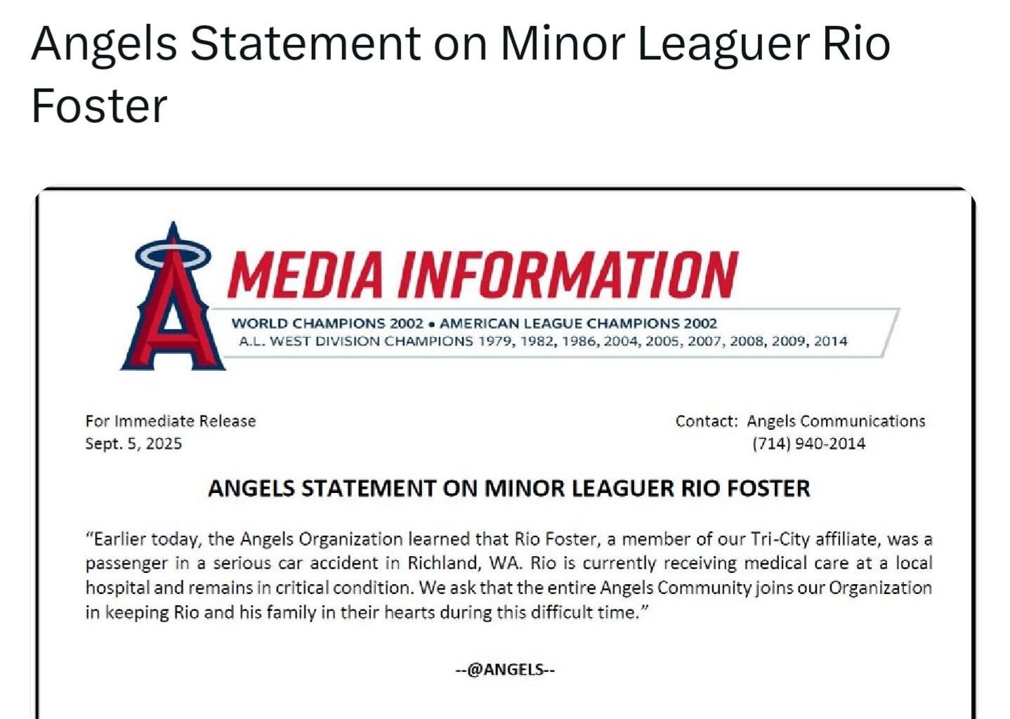 Halos prospect Rio Foster is in critical condition after being involved in a car accident