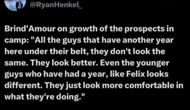 ‪[RyanHenkel] “Brind'Amour on growth of the prospects in camp: "All the guys that have another year here under their belt, they don't look the same. They look better. Even the younger guys who have had a year, like Felix looks different. They just look more comfortable in what they're doing."‬