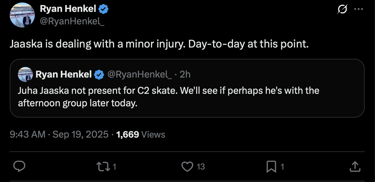 [RyanHenkel] "Jaaska is dealing with a minor injury. Day-to-day at this point."