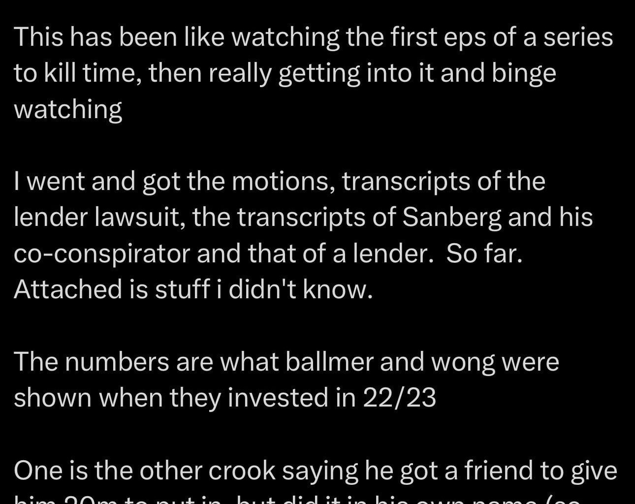 Mark Cuban has obtained motions, lender-lawsuit transcripts, and testimony from Sanberg, his “co-conspirator,” and a lender. He then posted documents showing things “he didn’t know” — specifically, what Ballmer and Wong were shown when they invested in 2022-23:
