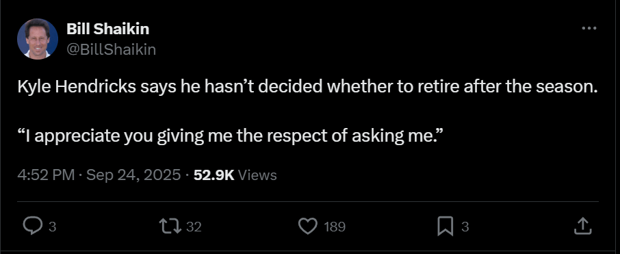 [Bill Shaikin on Twitter] Hendricks not yet decided whether to retire after the season.