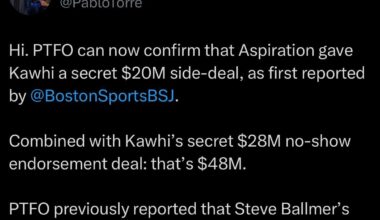 [Pablo Torre] PTFO can now confirm that Aspiration gave Kawhi a secret $20M side-deal. Combined with Kawhi’s secret $28M no-show endorsement deal: that’s $48M. PTFO previously reported that Steve Ballmer’s personal Aspiration investment was... $50M.