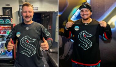 Cal Raleigh and Josh Naylor wearing the new Kraken alternate jerseys