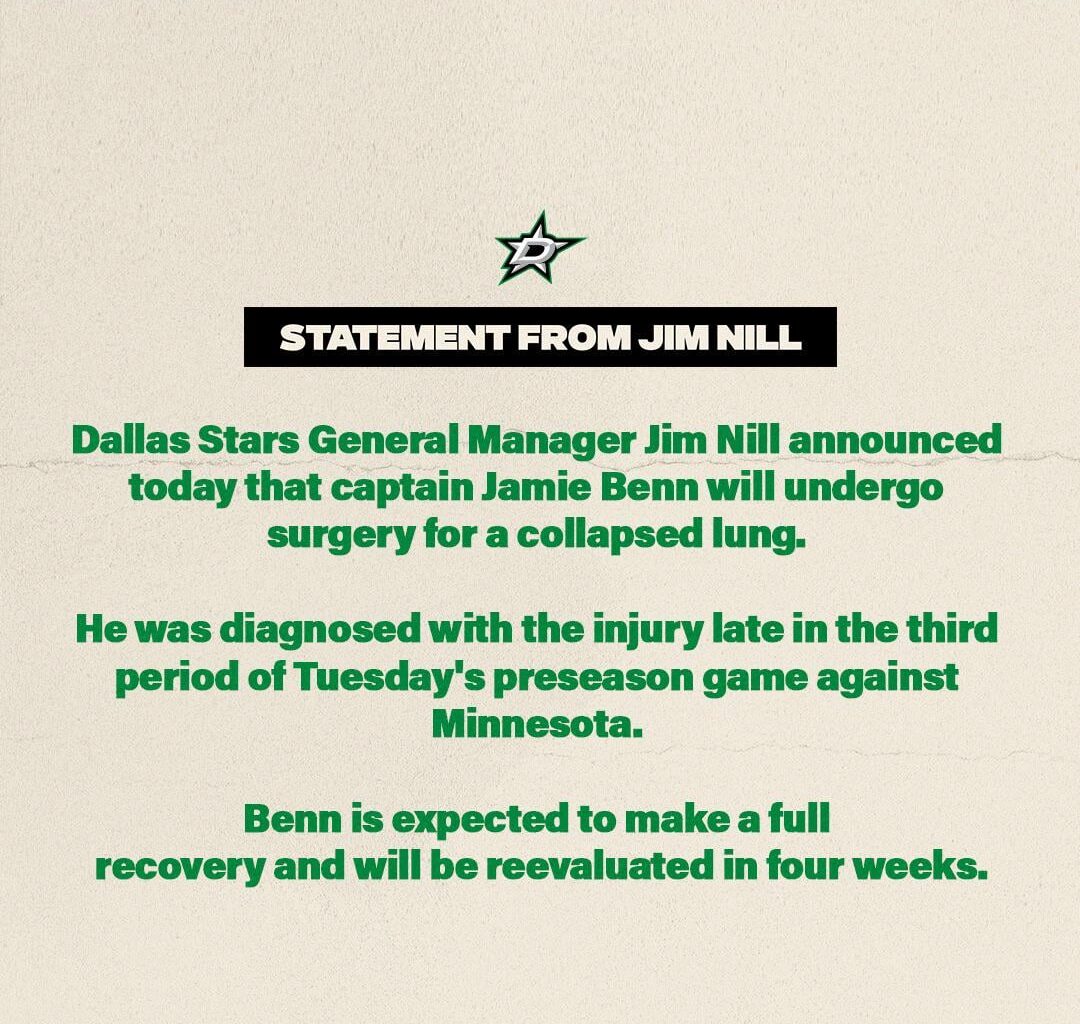 [Dallas Stars] Jamie Benn will undergo surgery for a collapsed lung
