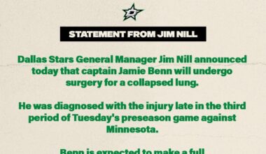 [Dallas Stars] Jamie Benn will undergo surgery for a collapsed lung