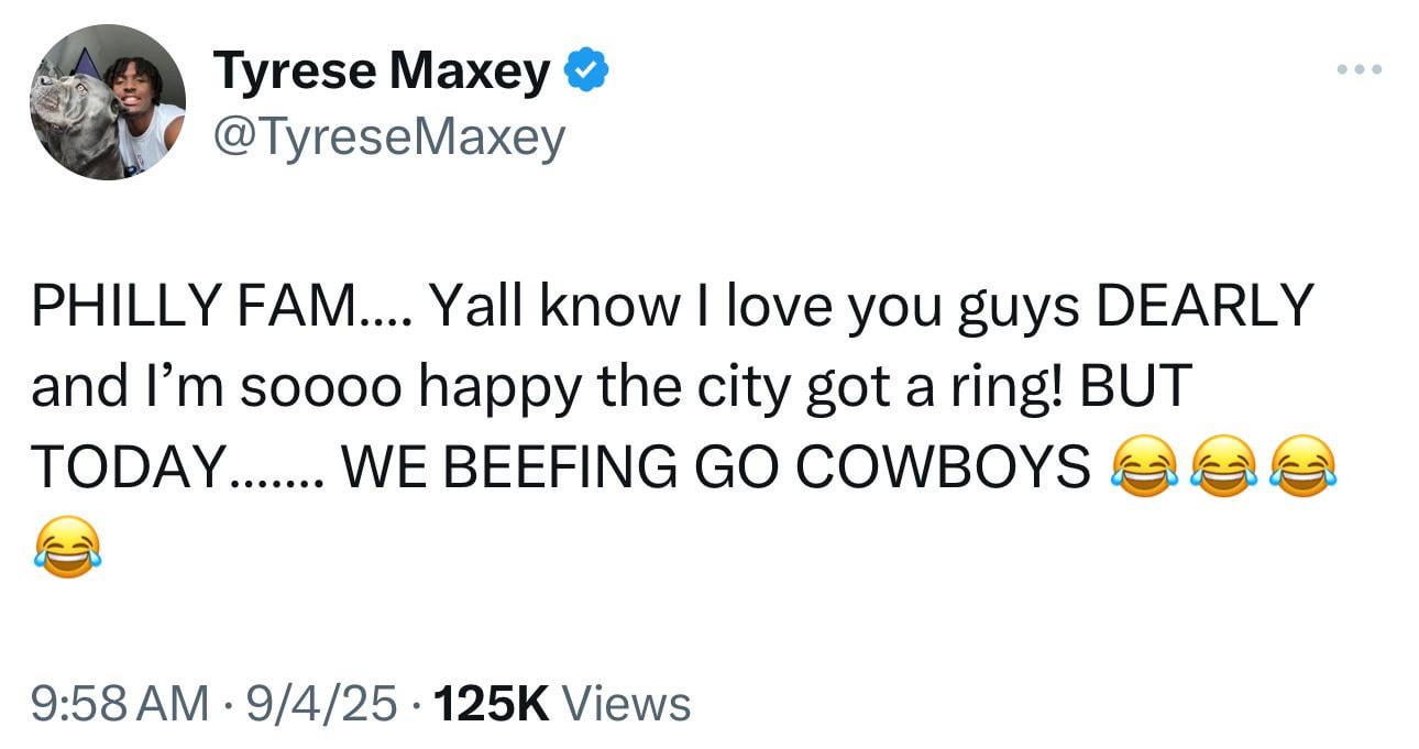 [Maxey] PHILLY FAM…. Yall know I love you guys DEARLY and I’m soooo happy the city got a ring! BUT TODAY……. WE BEEFING GO COWBOYS