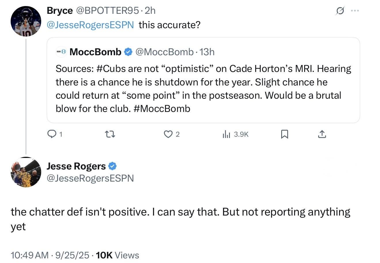 [Jesse Rogers] Not reporting anything yet, but chatter (about Horton MRI) definitely isn’t positive