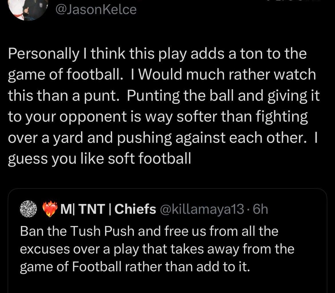 [Jason Kelce]  Personally I think this play adds a ton to the game of football.  I Would much rather watch this than a punt.  Punting the ball and giving it to your opponent is way softer than fighting over a yard and pushing against each other.  I guess you like soft football