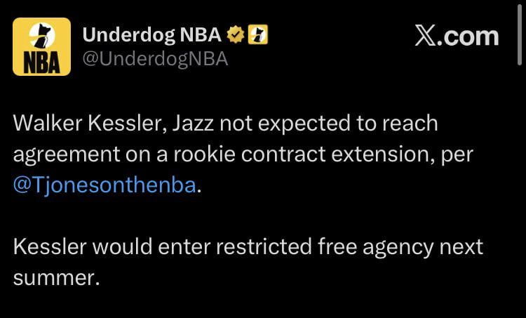 Walker Kessler, Jazz not expected to reach agreement on a rookie contract extension… Kessler would enter restricted free agency next summer.
