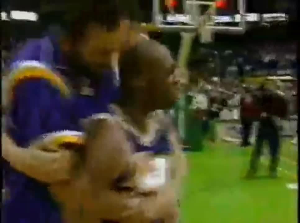 Nick Van Exel's buzzer beating fadeaway three to win the Lakers last game at the Boston Garden (1946-1995). It was the last buzzer beater anyone hit in that arena, ranked the #1 buzzer beater of 1995. Stu Lantz on the call says "Hahaha, that's only right!"