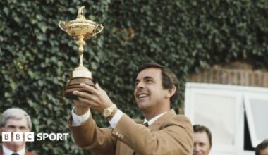 Europe captain Tony Jacklin raises the Ryder Cup after winning for the first time at The Belfry in 1985