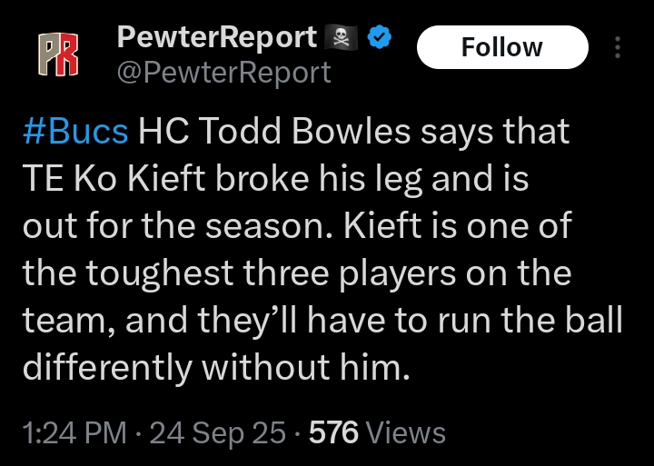 #Bucs HC Todd Bowles says that TE Ko Kieft broke his leg and is out for the season. Kieft is one of the toughest three players on the team, and they’ll have to run the ball differently without him.