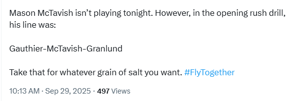 McTavish skating with Gauthier and Granlund