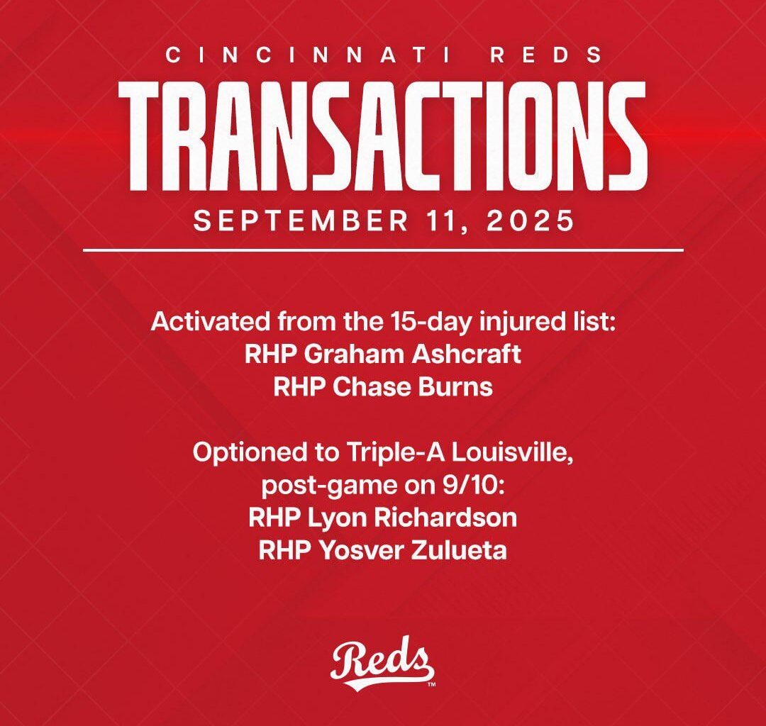 [Reds Transactions] 9/11/25 - Burns and Ashcraft activated from IL, Richardson and Zulueta optioned to Triple-A