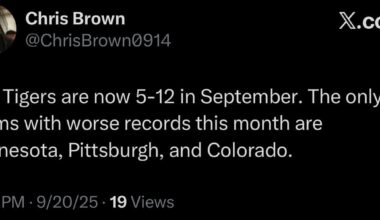 The Tigers are now 5-12 in September. The only teams with worse records this month are Minnesota, Pittsburgh, and Colorado.