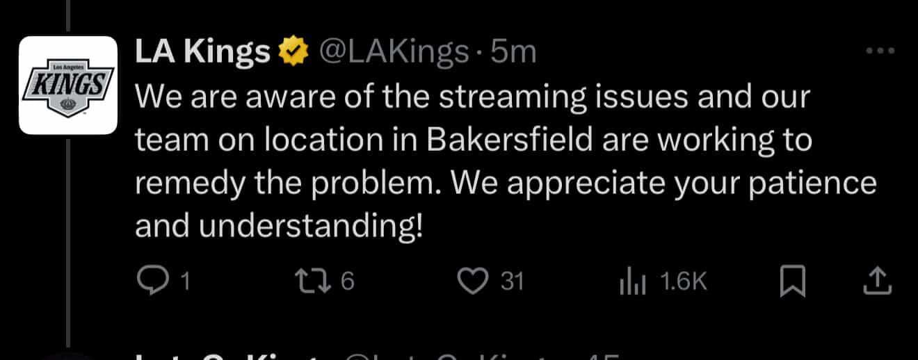The Kings organization is aware of a streaming issue going on with the preseason game in Bakersfield and are actively working to fix it.
