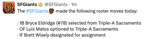 Eldridge called up, Matos optioned, Wisely DFAed