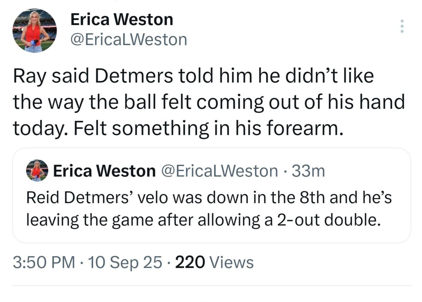 Detmers felt something in his forearm. Not a good sign for Reid
