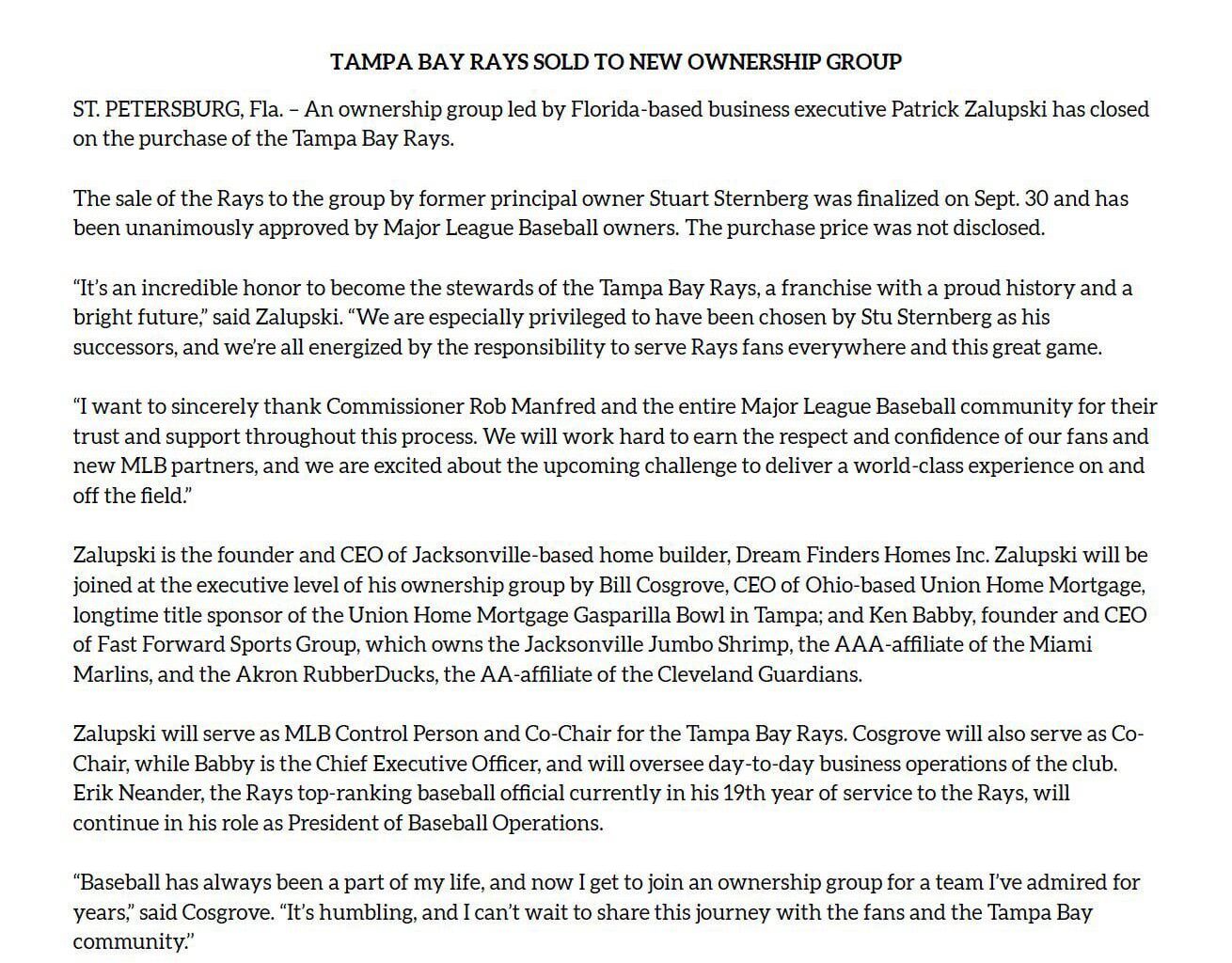 The Rays sale to Patrick zalupski has been finalized!!