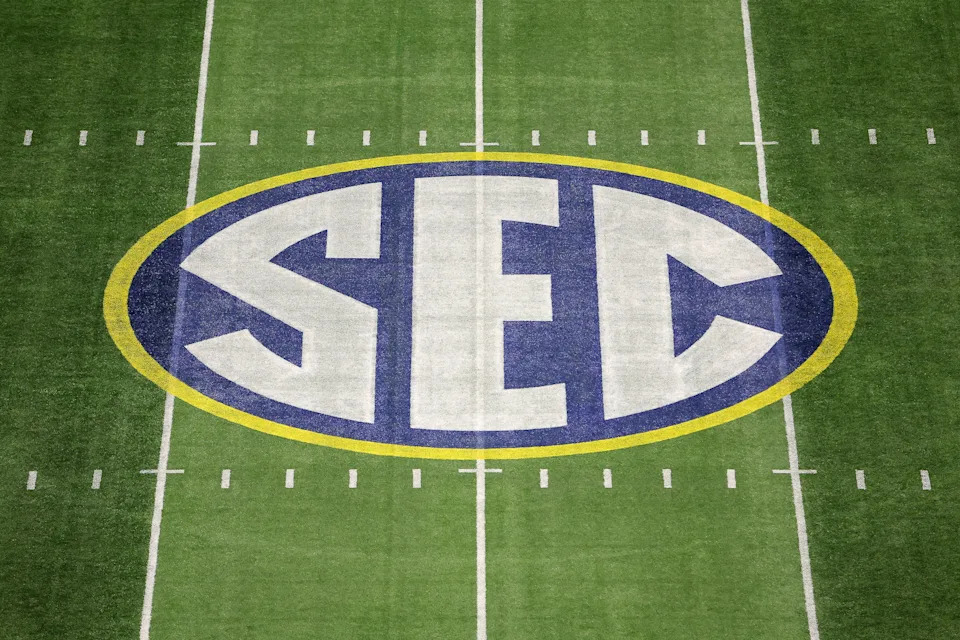 A detailed view of the SEC logo on the field prior to the SEC championship