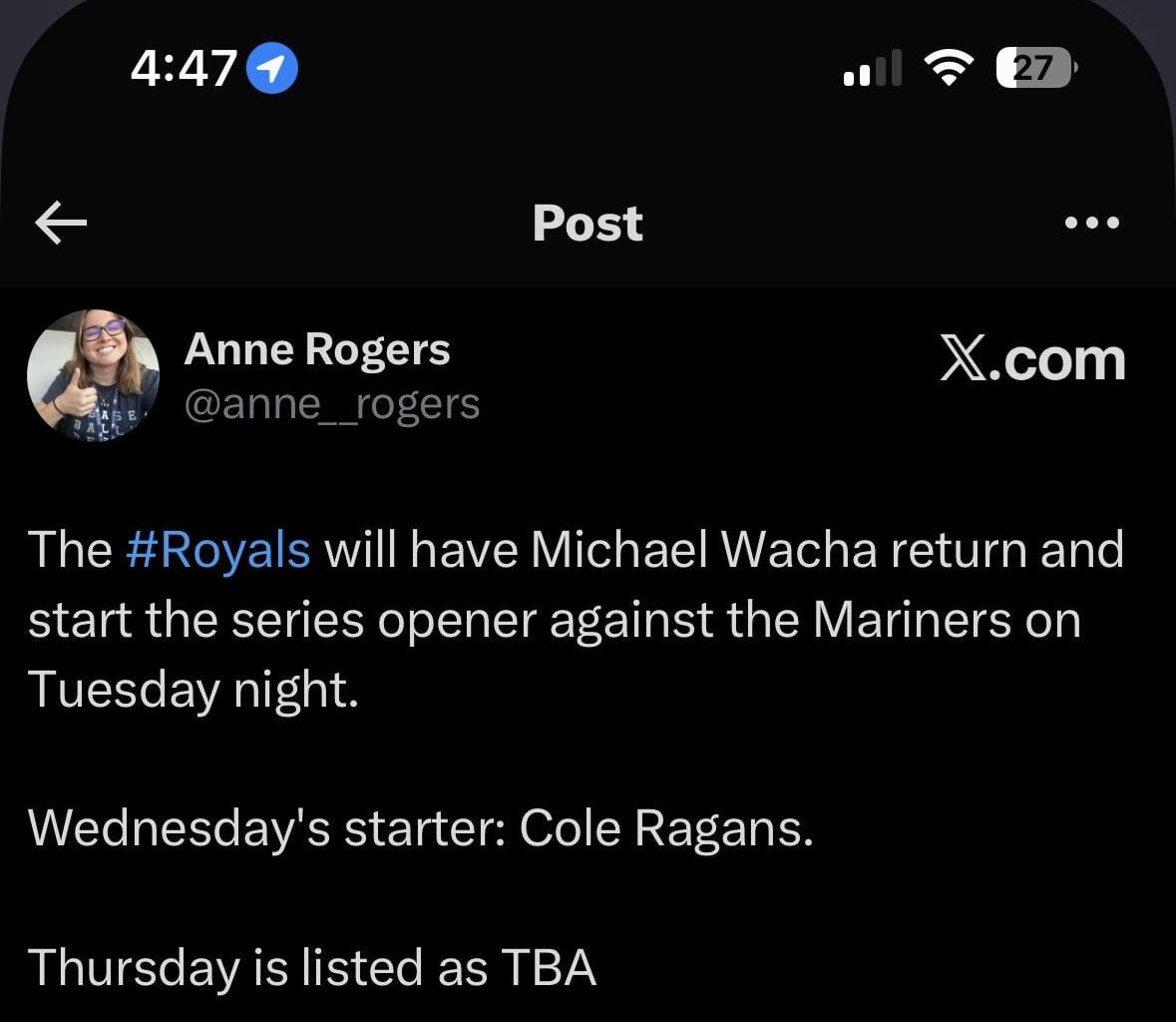 Cole Ragans is back on Wednesday