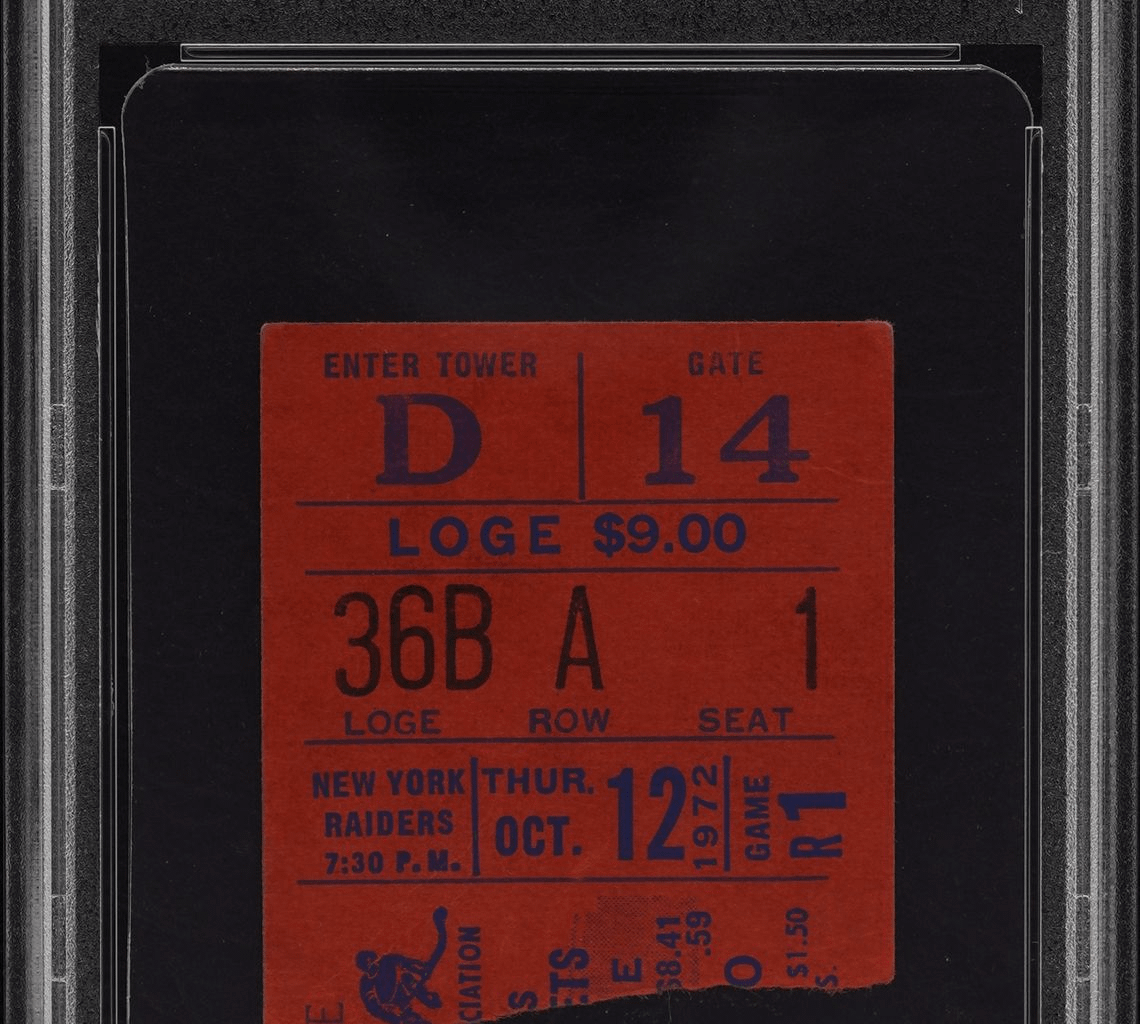 On Oct. 12th 1972 WHA Winnipeg  Jets played its inaugural first game vs NY Raiders.  This is an actual ticket stub to the game