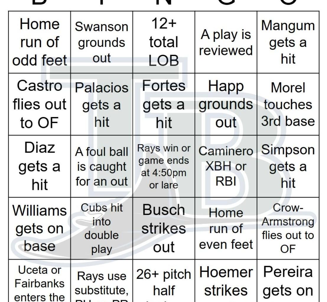 Rays vs Cubs Bingo, 9/12/2025