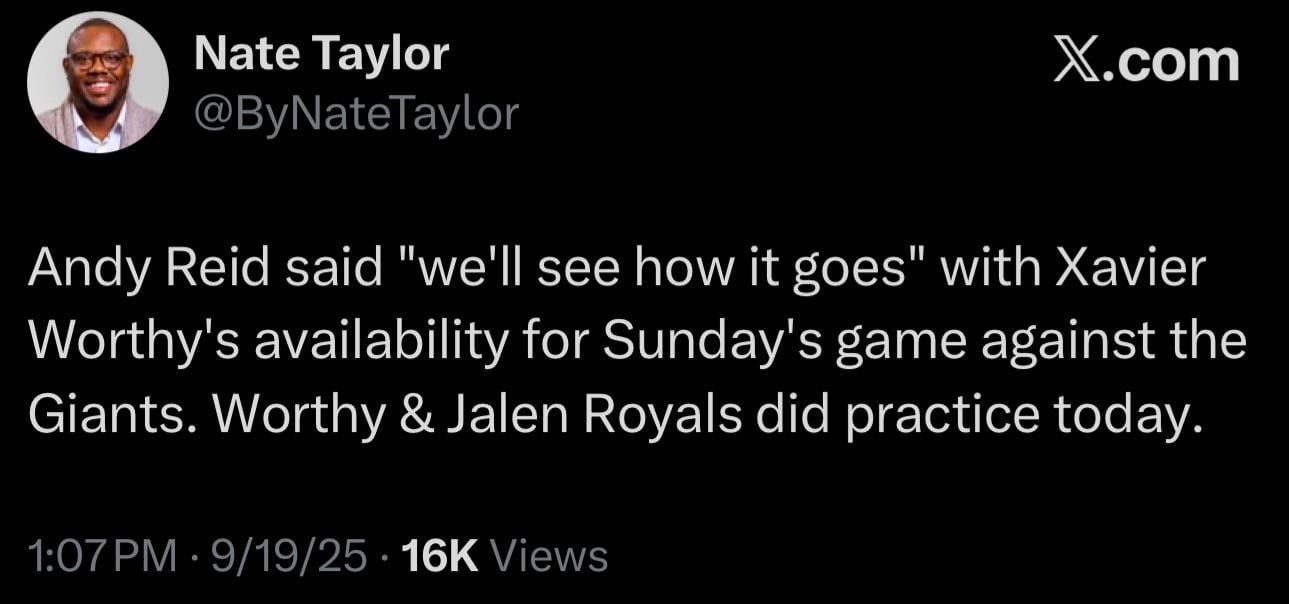 [Nate Taylor] Andy Reid said "we'll see how it goes" with Xavier Worthy's availability for Sunday's game against the Giants. Worthy & Jalen Royals did practice today.
