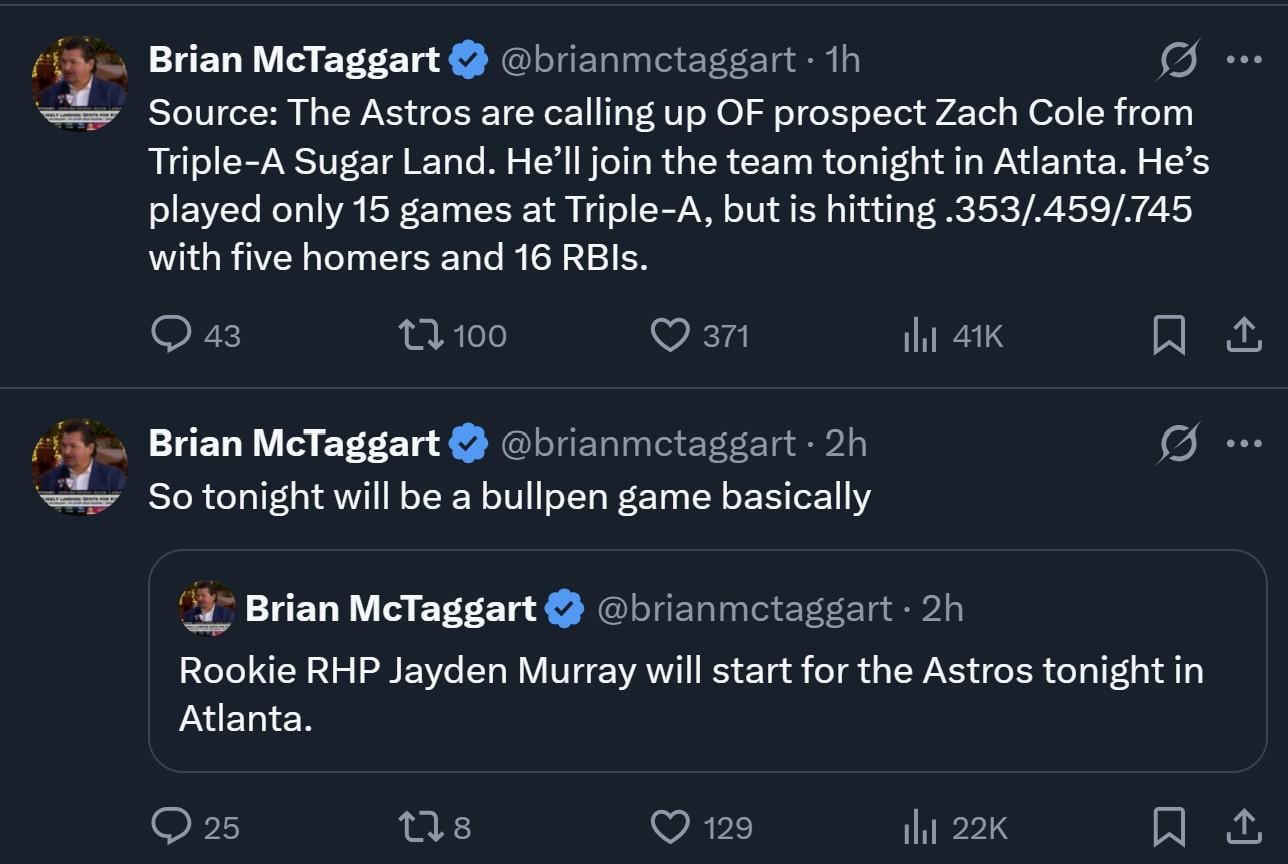 Zach Cole Promoted to MLB, Jayden Murray starting bullpen game tonight